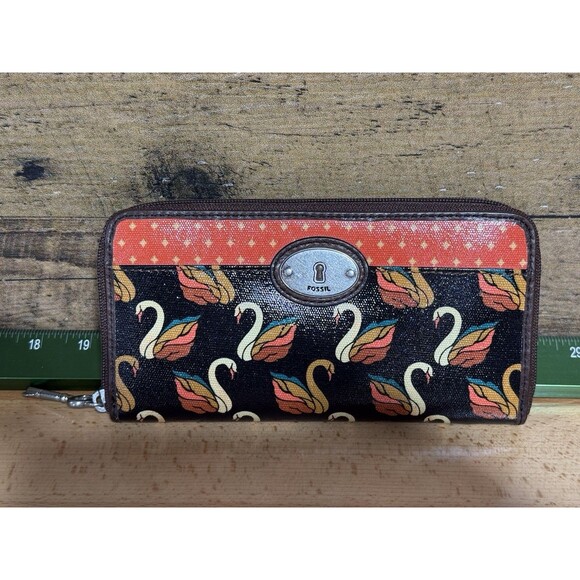 NEW Authentic Fossil Key-Per Brown/Orange Swan Print Card Wallet Fall Colors - Picture 3 of 16